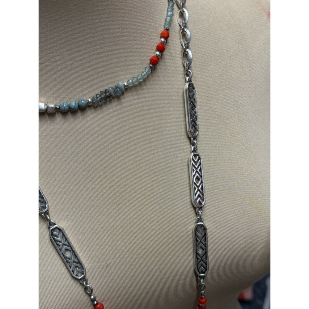 Premier Designs Long Silver-Tone Necklace Coral Light Blue Beads - Picture 2 of 4